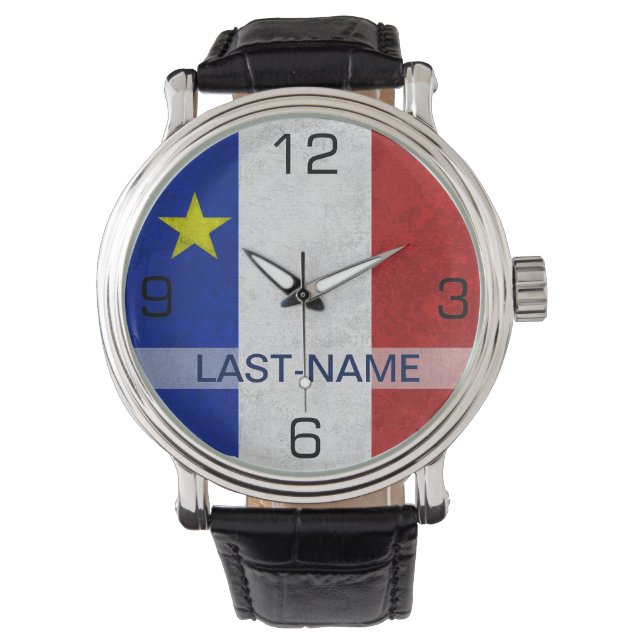Acadian Flag Surname Distressed Grunge Personalize Armbanduhr (Vorderseite)