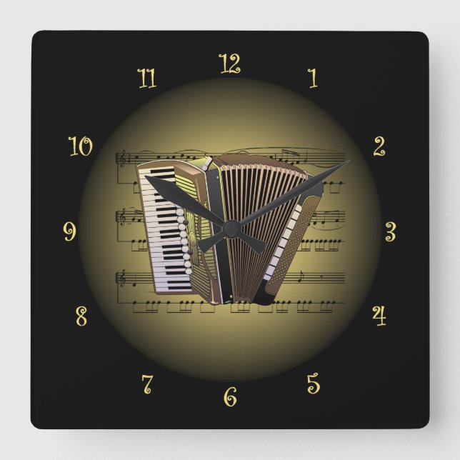 Accordion ~ 3-D Sheet Music ~ Gold & Black Back Quadratische Wanduhr (Vorderseite)