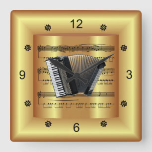 Accordion ~ Curved Sheet Music ~ Gold Background ~ Quadratische Wanduhr
