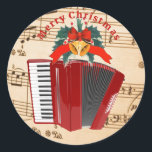 Accordion Music, Christmas Design, Runder Aufkleber<br><div class="desc">Accordion Musik,  beliebtes Weihnachtsdesign,  rote Akkordeon auf Notenblatt. Frohe Weihnachten!</div>