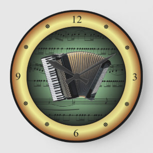Accordion on Sheet Music~Green on Gold Background~ Große Wanduhr