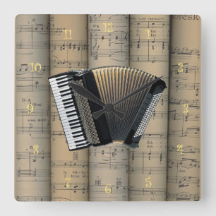 Accordion ~ Rolled Sheet Music Background ~ Musik Quadratische Wanduhr