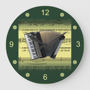 Accordion~rollen Blatt Musik~Gold/grüner Hintergru Große Wanduhr