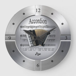 Accordion ~ Sheet Music ~ Brushed Silver Color ~ Große Wanduhr