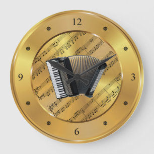 Accordion~Sheet Music~Gold Hintergrund~Unique~ Große Wanduhr