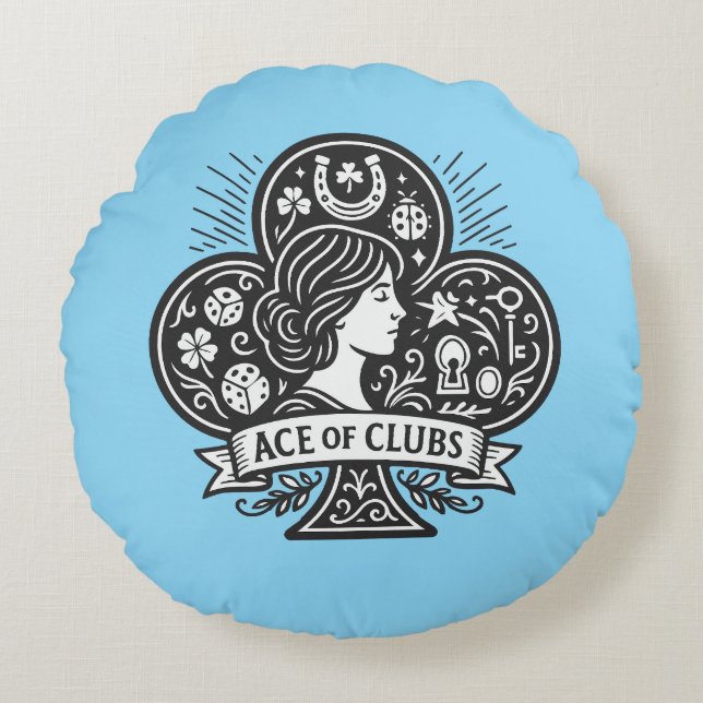 Ace of Clubs — Lady Luck Cameo Rundes Kissen (Vorderseite)