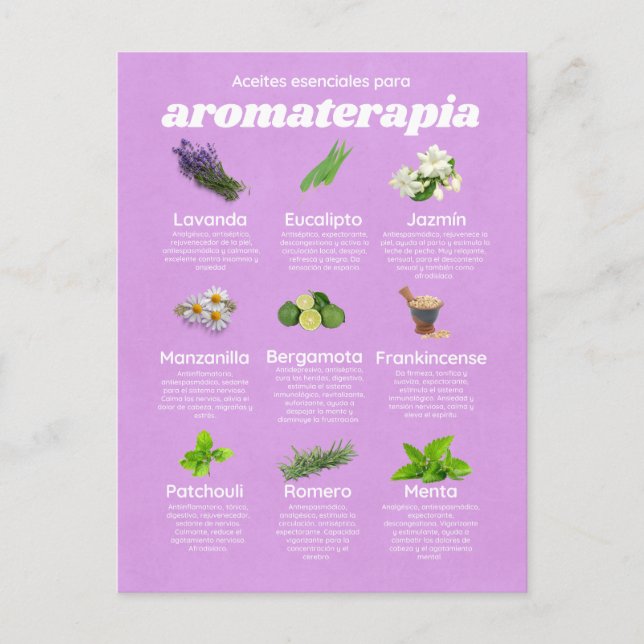 Aceites esenciales aromaterapia español lavanda postkarte (Vorderseite)