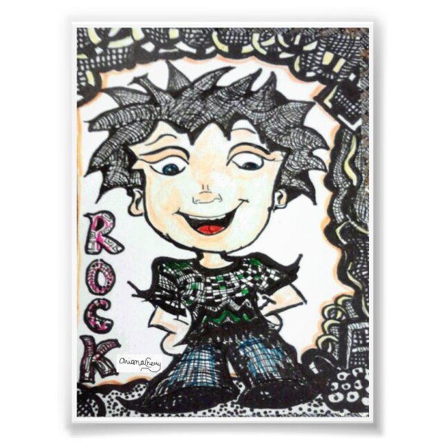 ACEO 4x5.4 Rocker-Cartoon mit Art Fotodruck (Vorne)