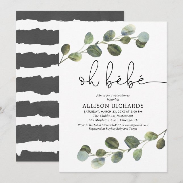 Ach, bebe Schwarz-weiße grüne französische Babydus Einladung (Vorne/Hinten)