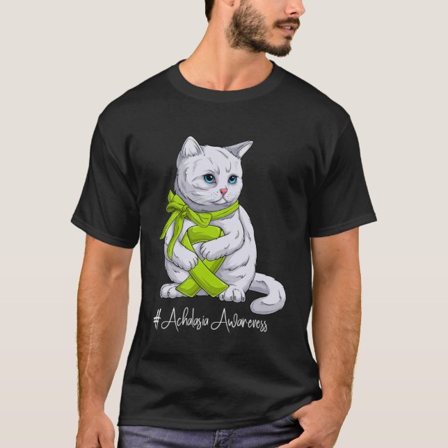 Achalasis Awareness Month Lime Green Ribbon Cat T-Shirt (Vorderseite)