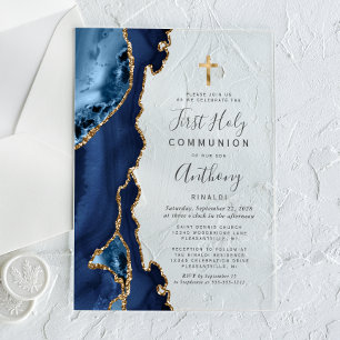 Achat-Geode Blau-Gold-Glitter Erste Heilige Kommun Acryleinladungen