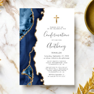 Achat-Geoden Blau Gold Glitter Konfirmation Einladung
