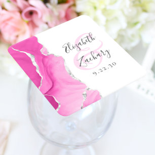Achat-Geoden-Schrift Rosa Silber Hochzeit Rechteckiger Pappuntersetzer