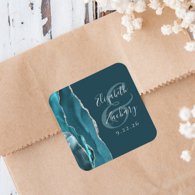 Achat-Geoden-Schrift Teal Blau Silber Hochzeit Quadratischer Aufkleber (Von Creator hochgeladen)