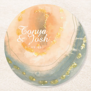 Achat-Korallen-Geoden-Hochzeit mit Wasserfarben Runder Pappuntersetzer