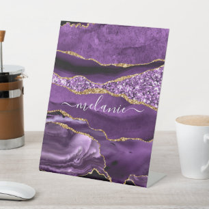 Achat Lila Violett Gold Glitter Geode Individuelle Sockelschild