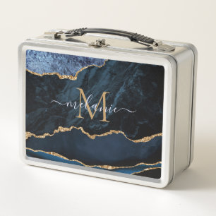 Achat Navy Blau Gold Edelstein Marmor Monogramm Metall Brotdose