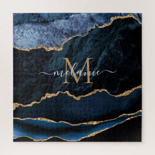 Achat Navy Blau Gold Edelstein Marmor Monogramm Puzzle