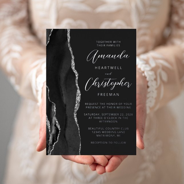Achat Schwarz Silber Schrift Dunkle Hochzeit Folieneinladung (Von Creator hochgeladen)
