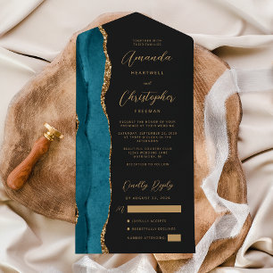 Achat Teal Blau Gold Schrift Dunkel All In One Einladung