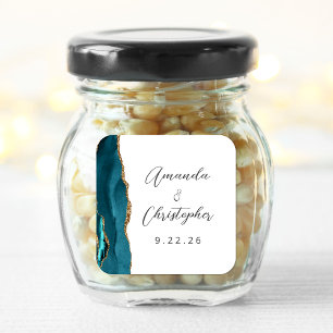 Achat Teal Blau Gold Schrift Hochzeit Quadratischer Aufkleber