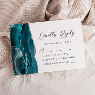 Achat Teal Blau Silber Moderne Schrift Hochzeit RSVP Karte