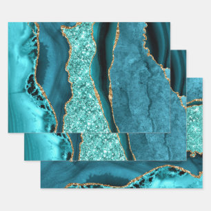 Achat Türkis Blau Gold Glitter Marmor Aqua Türkis Geschenkpapier Set
