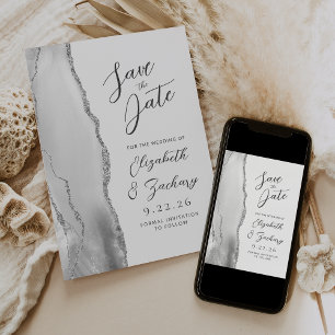 Achatgrau Weiß Silber Moderne Schrift Hochzeit Save The Date
