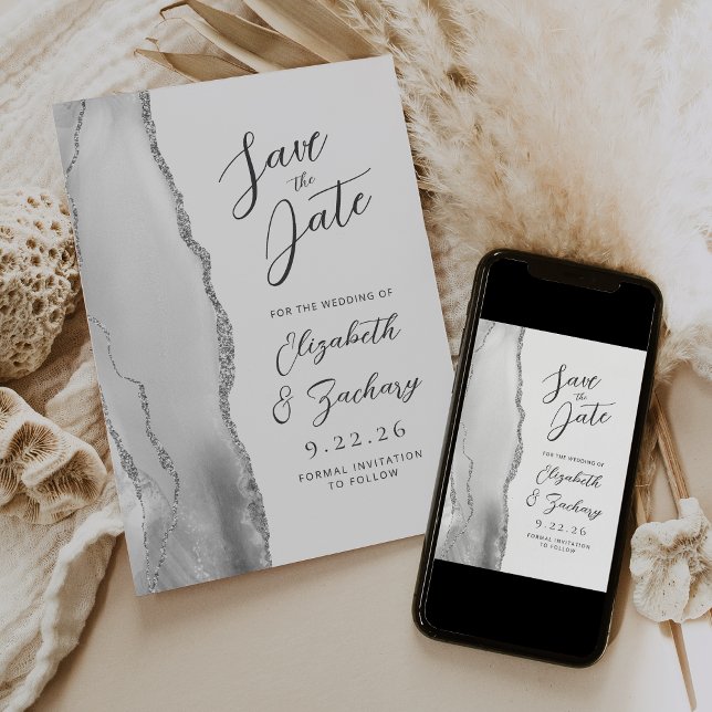 Achatgrau Weiß Silber Moderne Schrift Hochzeit Save The Date (Von Creator hochgeladen)