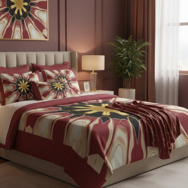 Achempong: Starburst | Deep Crimson Cream Golden B Kissen (The final touch of tranquility: A lavish bed dressed with an Achempong custom duvet cover, layered)