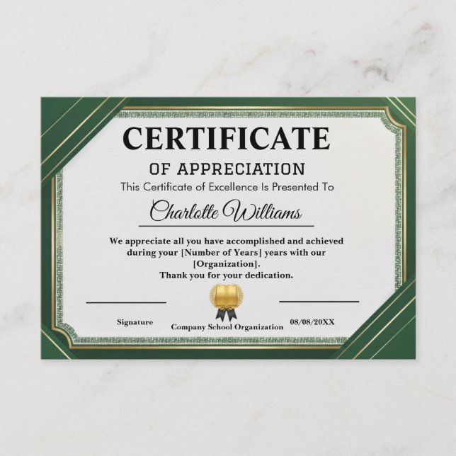 Achievement Appreciate Gold Green Certificate Begleitkarte (Vorderseite)