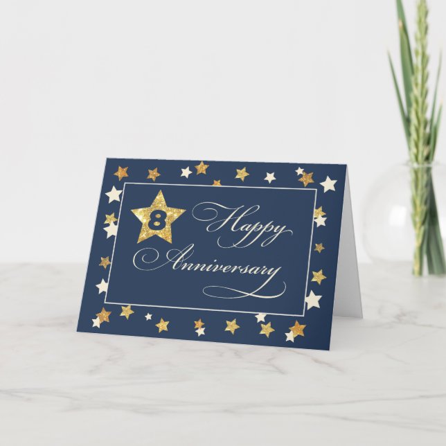 Acht Anniversary Navy Gold Effect Stars Karte (Vorderseite)