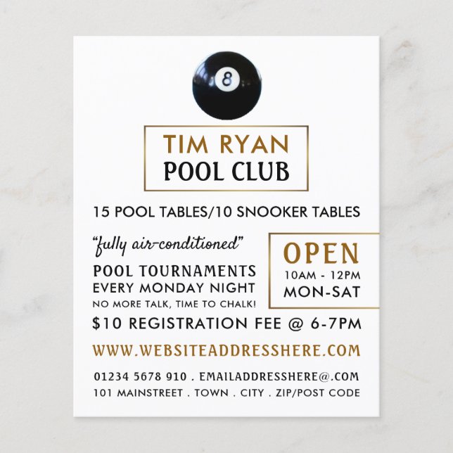 Acht Ball, Pool Club, Snooker Club Werbung Flyer (Vorne)
