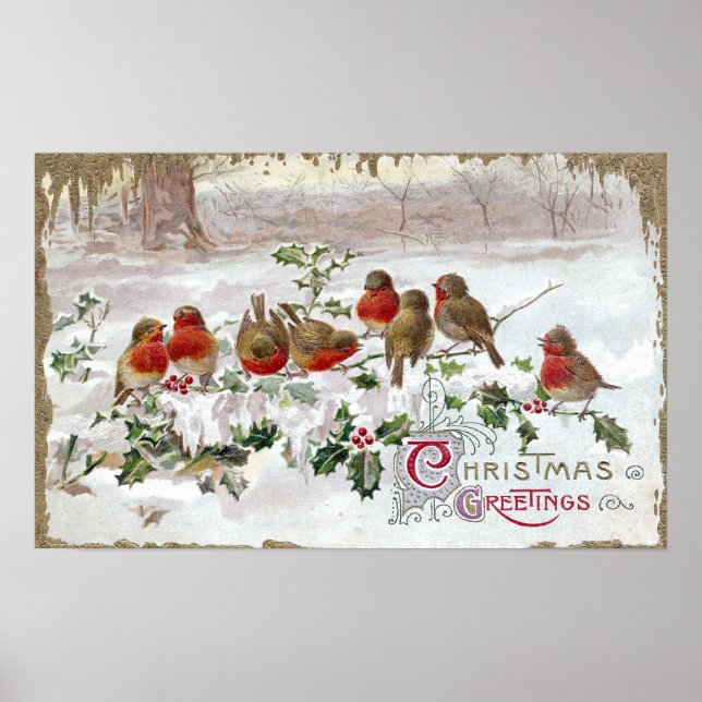 Acht englische Robins auf Holly Vintage Weihnachte Poster (Vorne)