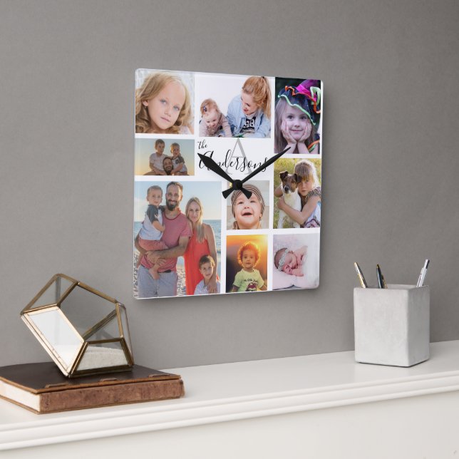 Acht Foto der Monogram-Familie individuell Quadratische Wanduhr (Büro)