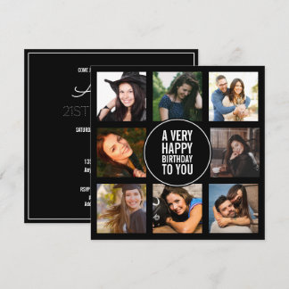 Acht Geburtstagsfoto Collage Schwarz und Weiß Invi Einladung