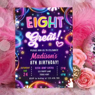 Acht ist groß 8. Retro Neon Glow Girl Geburtstag Einladung