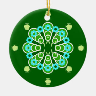 Acht Punkte Mandala, Dark Jade Green und Aqua Keramik Ornament