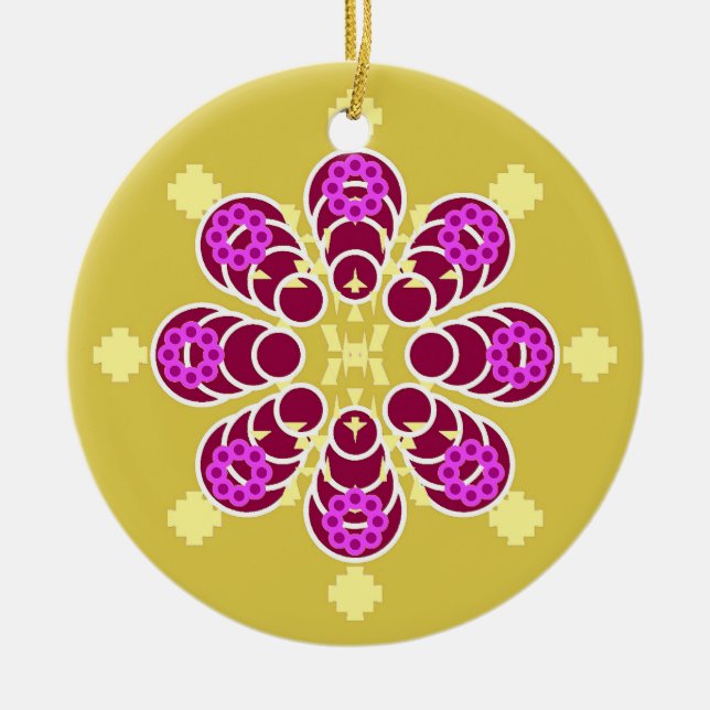Acht Punkte Mandala, Senf Gold und Lila Keramik Ornament (Vorne)