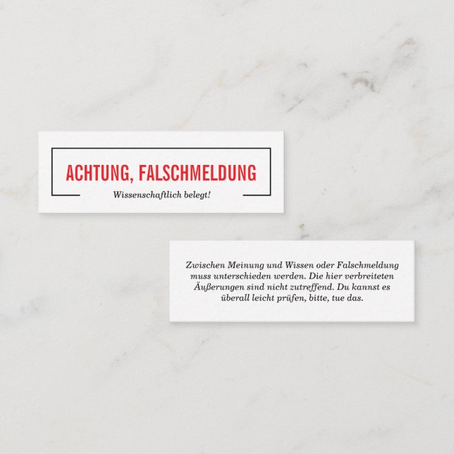 Achtung Falschmeldung  Mini Visitenkarte (Vorne/Hinten)