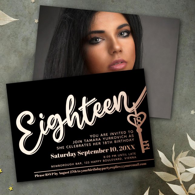 Achtzehn 18. Geburtstag schwarzes Foto Folieneinladung (Von Creator hochgeladen)