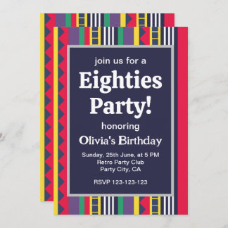 Achtzig farbenfrohe Streifen 80er Geburtstagsparty Einladung