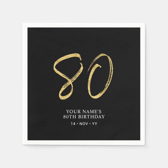 achtzig | Gold & Black Lettering 80. Geburtstag Serviette (Vorderseite)