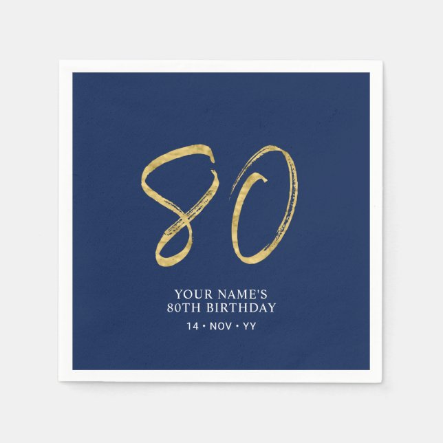 achtzig | Gold & Navy Blue Lettering 80. Geburtsta Serviette (Vorderseite)