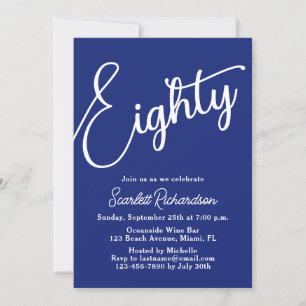 Achtzig moderne Script Navy Blue 80. Geburtstagspa Einladung