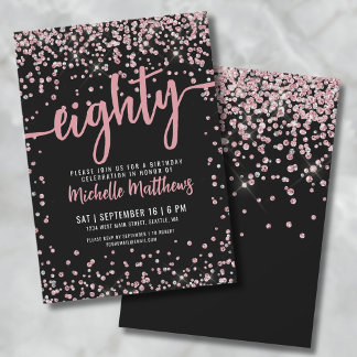 Achtzig Schwarze Rose Gold Glitzer 80. Geburtstag Einladung