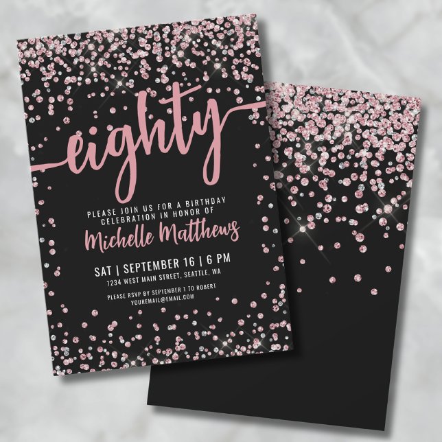 Achtzig Schwarze Rose Gold Glitzer 80. Geburtstag Einladung (Eighty Black Rose Gold Pink Glitter 80th Birthday Invitation)