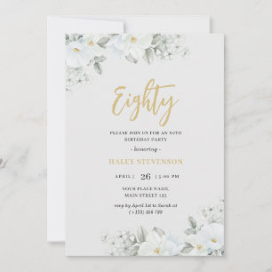 Achtzig Weiß & Gold Weiße Florale Elegante Geburts Einladung