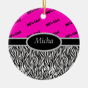 Achtzigerjahre Mädchen-Neonrosa u. Zebra-Monogram Keramikornament