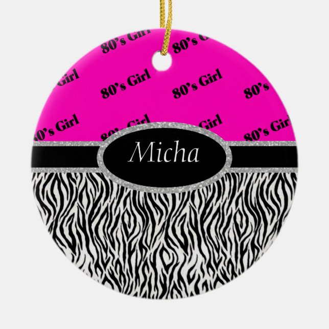 Achtzigerjahre Mädchen-Neonrosa u. Zebra-Monogramm Keramikornament (Vorne)